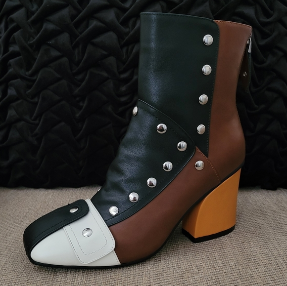 jochebed hu Shoes - JOCHEBED HU GENUINE LEATHER RETRO STUDDED COLORBLOCK BOOTIES